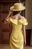 Daffodil Satin Off the Shoulder Bodycon Midi Mother of the Bride Dress