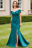Peacock Green Satin Off the Shoulder Maxi Mother of the Bride Dress with Slit