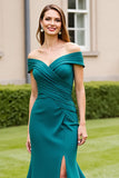 Peacock Green Satin Off the Shoulder Maxi Mother of the Bride Dress with Slit