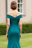 Peacock Green Satin Off the Shoulder Maxi Mother of the Bride Dress with Slit