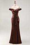 Leely Women Brown Satin Mermaid Maxi Mother of the Bride Dress Off the Shoulder Ruched Formal Dress with Ruffles