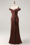 Brown Satin Mermaid Long Mother of the Bride Dress with Ruffles