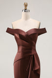 Brown Satin Mermaid Long Mother of the Bride Dress with Ruffles