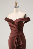 Brown Satin Mermaid Long Mother of the Bride Dress with Ruffles