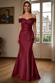 Burgundy Satin Mermaid Long Mother of the Bride Dress with Ruffles