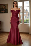 Burgundy Satin Mermaid Long Mother of the Bride Dress with Ruffles