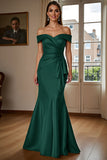 Burgundy Satin Mermaid Long Mother of the Bride Dress with Ruffles