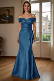 Burgundy Satin Mermaid Long Mother of the Bride Dress with Ruffles