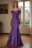 Burgundy Satin Mermaid Long Mother of the Bride Dress with Ruffles