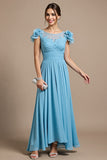 Sky Blue Floral Chiffon Maxi Mother of the Bride Dress with Appliques