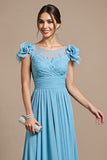 Sky Blue Floral Chiffon Maxi Mother of the Bride Dress with Appliques