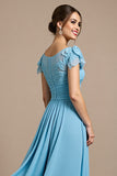 Sky Blue Floral Chiffon Maxi Mother of the Bride Dress with Appliques