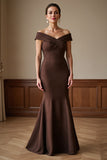 Brown Satin Off the Shoulder Maxi Mermaid Mother of the Bride Dress