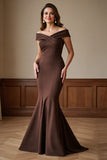 Brown Satin Off the Shoulder Maxi Mermaid Mother of the Bride Dress
