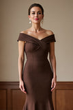 Brown Satin Off the Shoulder Maxi Mermaid Mother of the Bride Dress