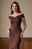 Brown Satin Off the Shoulder Maxi Mermaid Mother of the Bride Dress
