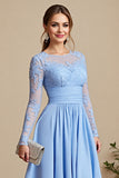 Sky Blue Satin A Line Maxi Mother of the Bride Dress with Lace