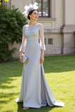 Silver A Line Satin Maxi Mother of the Bride Dress with Lace