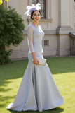 Silver A Line Satin Maxi Mother of the Bride Dress with Lace