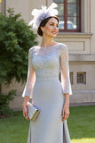 Silver A Line Satin Maxi Mother of the Bride Dress with Lace