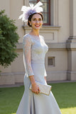 Silver A Line Satin Maxi Mother of the Bride Dress with Lace