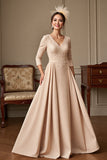 Apricot A Line V-Neck Satin Maxi Mother of the Bride Dress with Lace Appliques