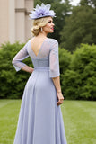 Grey Blue A Line Maxi Mother of the Bride Dress with Lace