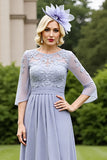 Grey Blue A Line Maxi Mother of the Bride Dress with Lace