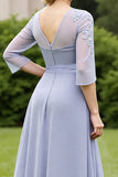 Grey Blue A Line Maxi Mother of the Bride Dress with Lace