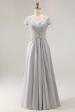 Silver A Line Chiffon Maxi Mother of the Bride Dress with Appliques
