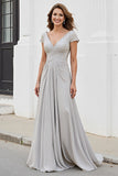 Silver A Line Chiffon Maxi Mother of the Bride Dress with Appliques