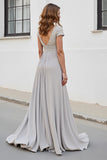 Silver A Line Chiffon Maxi Mother of the Bride Dress with Appliques