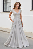 Silver A Line Chiffon Maxi Mother of the Bride Dress with Appliques