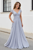 Silver A Line Chiffon Maxi Mother of the Bride Dress with Appliques