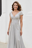 Silver A Line Chiffon Maxi Mother of the Bride Dress with Appliques