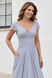Silver A Line Chiffon Maxi Mother of the Bride Dress with Appliques