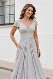 Silver A Line Chiffon Maxi Mother of the Bride Dress with Appliques