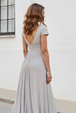 Silver A Line Chiffon Maxi Mother of the Bride Dress with Appliques