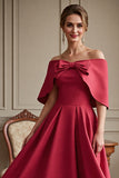 Red A Line Satin Maxi Mother of the Bride Dress with Bow