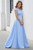 Sky Blue Satin Maxi Mother of the Bride Dress with Lace