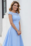 Sky Blue Satin Maxi Mother of the Bride Dress with Lace
