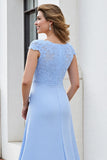 Sky Blue Satin Maxi Mother of the Bride Dress with Lace