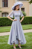 Silver A Line Chiffon Maxi Mother of the Bride Dress with Lace Appliques