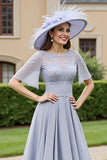 Silver A Line Chiffon Maxi Mother of the Bride Dress with Lace Appliques