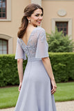 Silver A Line Chiffon Maxi Mother of the Bride Dress with Lace Appliques