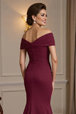 Burgundy Off the Shoulder Satin Maxi Mother of the Bride Dress