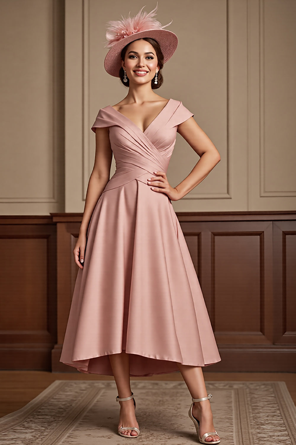 Leely Women Dusty Rose Satin Midi Mother of the Bride Dress Ruched A Line V-Neck Cap Sleeves Formal Dress leelyuk Leely Women Dusty Rose Satin Midi Mother of the Bride Dress Ruched A Line V-Neck Cap Sleeves Formal Dress leelyuk