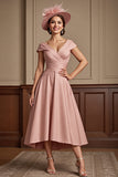 Dusty Rose A Line Satin Midi Mother of the Bride Dress