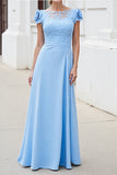Sky Blue Floral Satin Maxi Mother of the Bride Dress with Lace Appliques