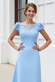 Sky Blue Floral Satin Maxi Mother of the Bride Dress with Lace Appliques